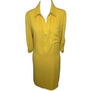 New York & Company Yellow Lemon Casual Shirt Dress Blouse Collar Pocket Womens
